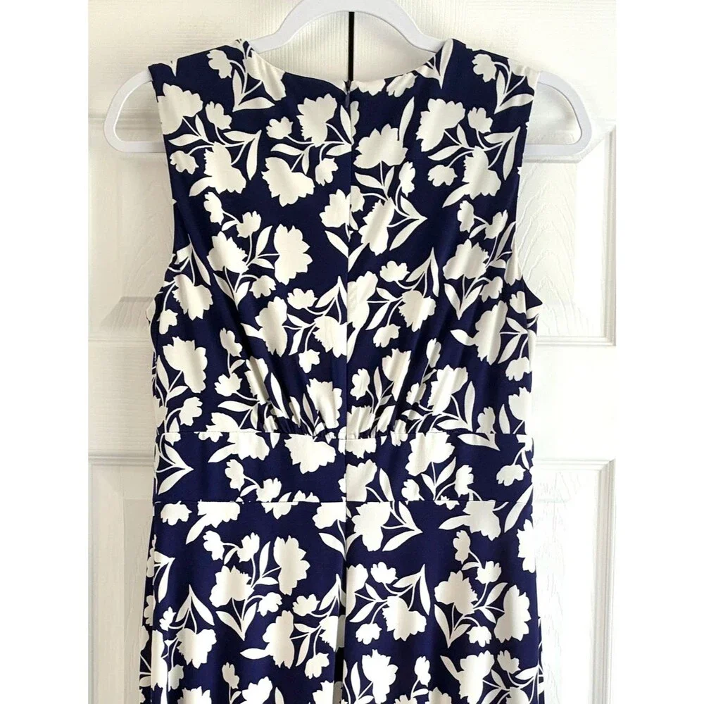 London Times Sleeveless Dress 6 Blue White Floral Fit & Flare Midi Wedding Guest